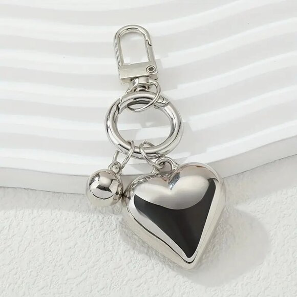 Large Silver Heart Charm Keychain with Ball – 3.15" Bag Clip Purse Pendant Gift - Picture 5 of 6